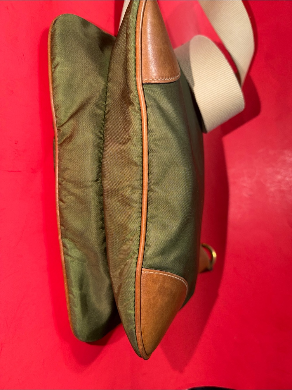 Prada Olive Green Nylon Crossbody with Brown Leather Trim and Beige Strap - Picture 6 of 12